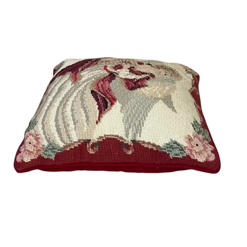 VINTAGE Needlepoint Throw Pillow Heavenly Angel Harp 14” x 10” Wool Red Velvet